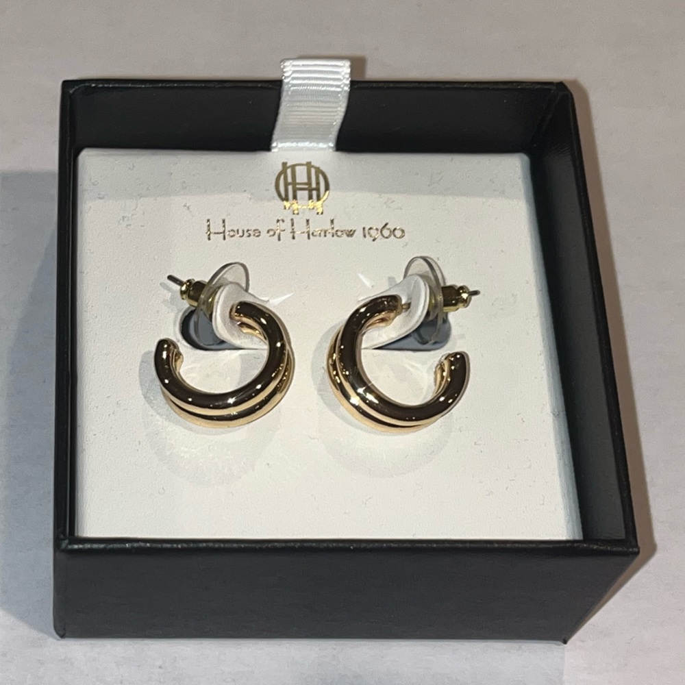 HOUSE OF HARLOW 1960 Gold Tone Double Hoop Pierced Earrings NIB CDW